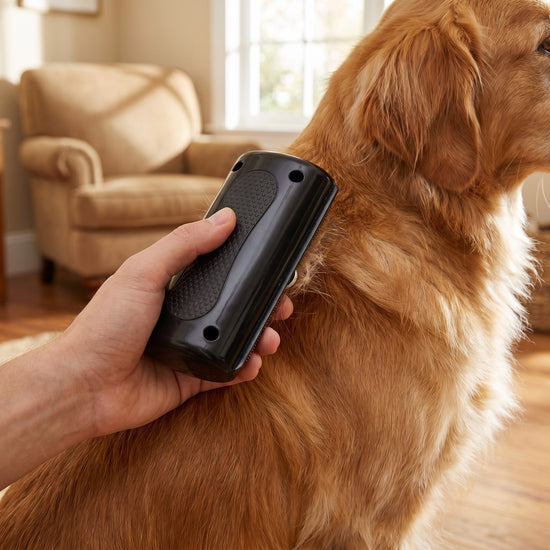 Hand holding the black pet grooming comb against a golden retriever&