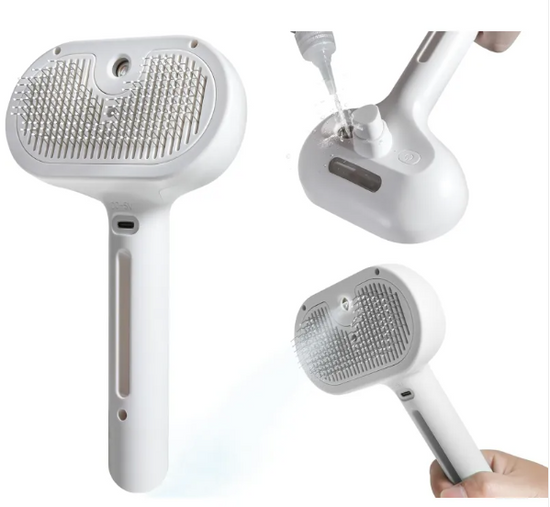 White spray pet grooming brush shown from multiple angles with mist