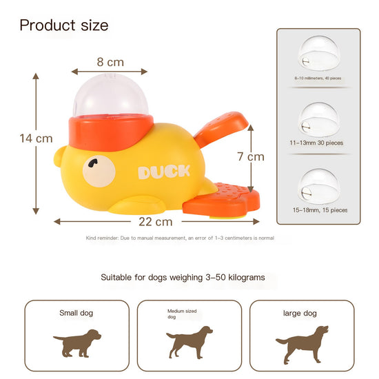 Yellow duck-shaped pet feeder with dimensions and suitable dog sizes shown
