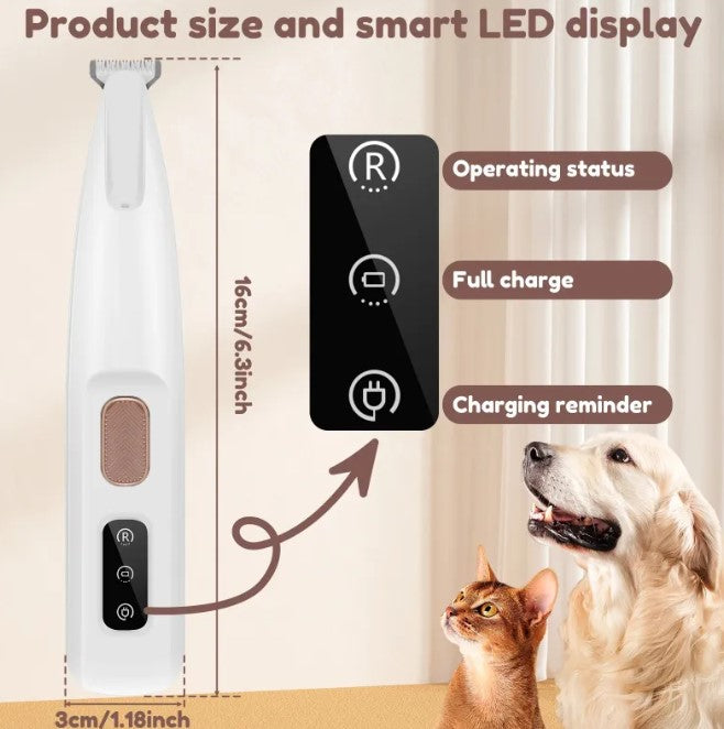Pets paw trimmer with LED light from Fins, Feathers & Fur, showing a close-up of the device with trimmed pet paw