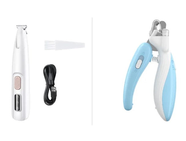 Pets paw trimmer with LED light, Fins, Feathers & Fur, showing ergonomic design and bright LED for safe, precise pet nail trimming.