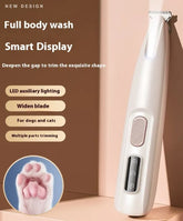 Pets paw trimmer with LED light by Fins, Feathers & Fur, showing the ergonomic handle and rotating blade for safe, precise pet nail grooming.