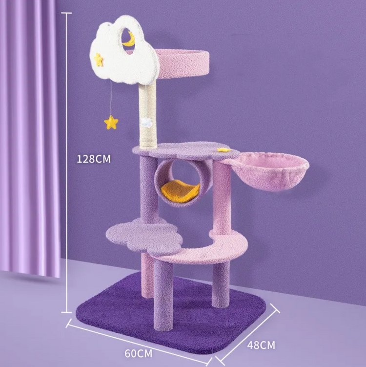 Large cat scratching and jumping platform by Fins, Feathers & Fur with multiple levels, sisal scratching posts, and cozy resting spots.
