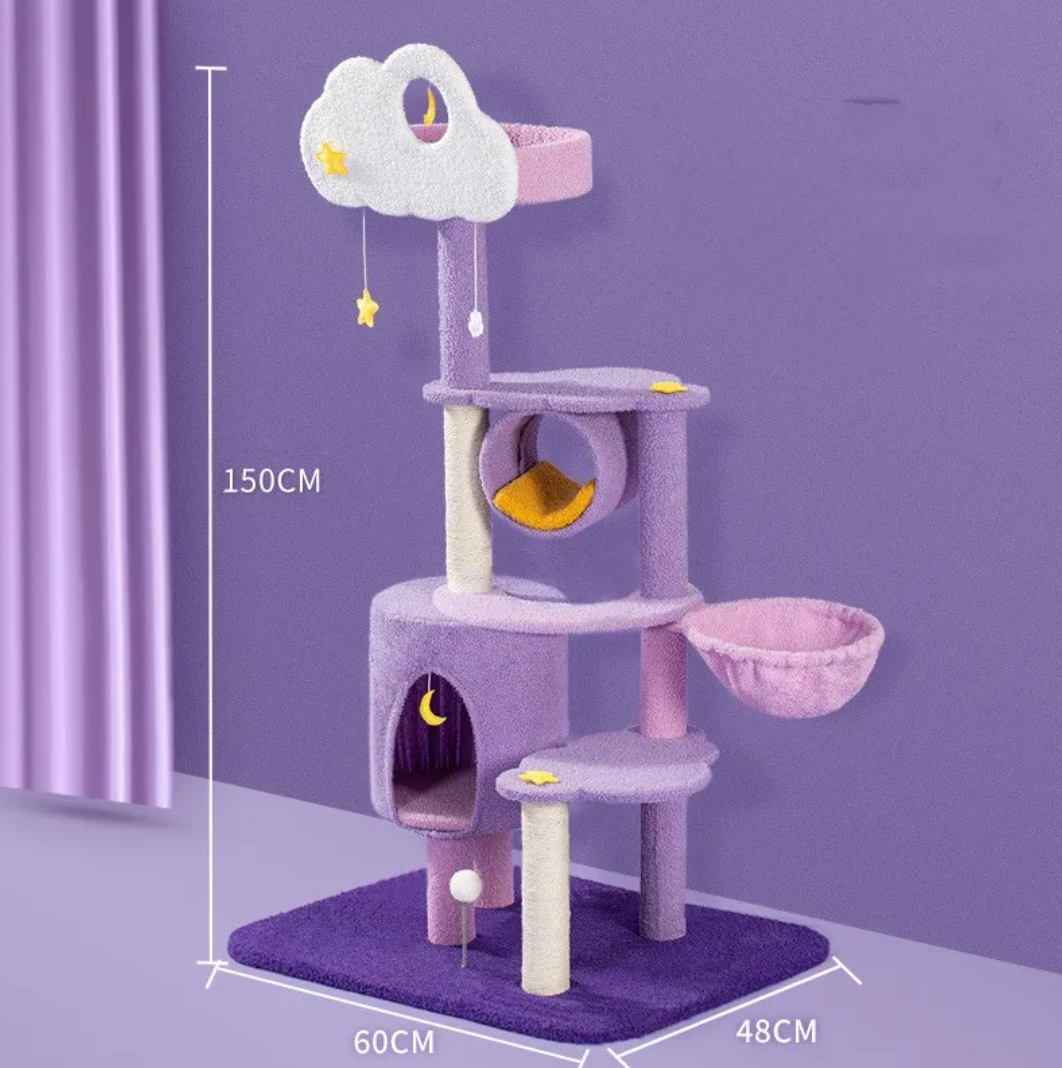 Large Fins, Feathers & Fur cat scratching and jumping platform with multiple levels and sisal scratching posts for feline entertainment.