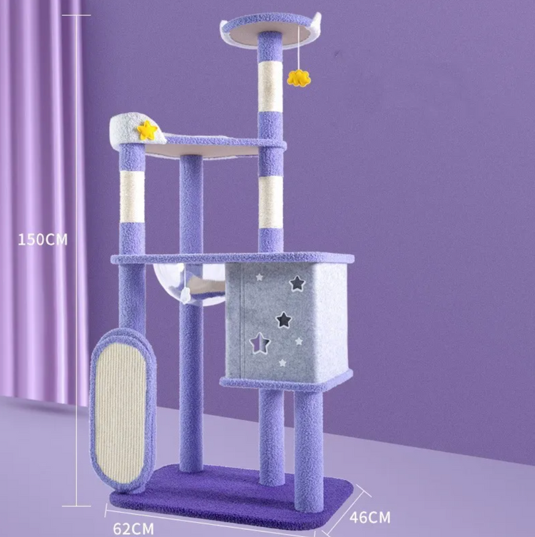 Large cat scratching and jumping platform from Fins, Feathers & Fur, showing a sturdy wooden structure with sisal scratching posts and multiple levels
